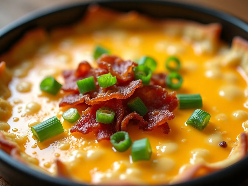 Crisp bacon and green onion garnish on bubbling cheese dip