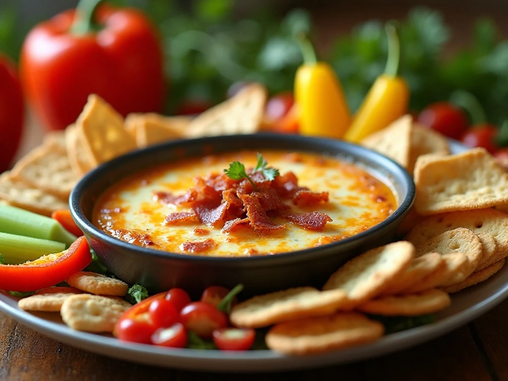 Creamy bacon and cheese dip served with crackers, chips, bread, and vegetables