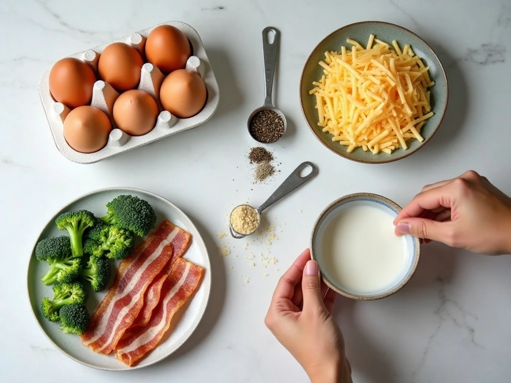 Ingredients for bacon broccoli egg bites arranged on a counter
