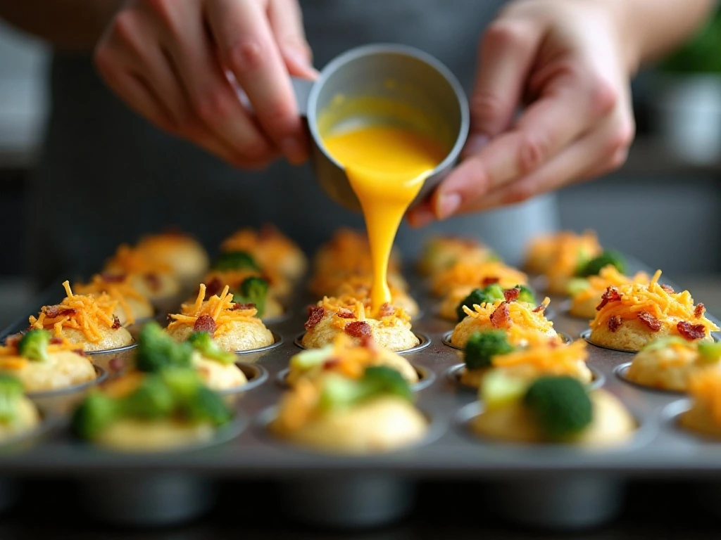 Muffin pan filled with broccoli bacon and cheddar for egg bites