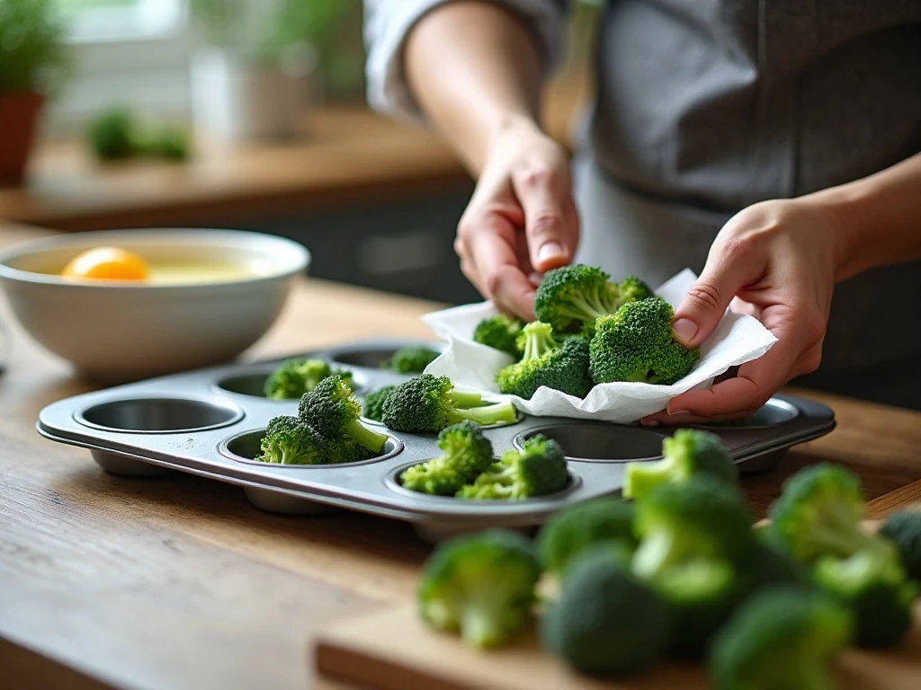 Drying chopped broccoli before making tender egg bites