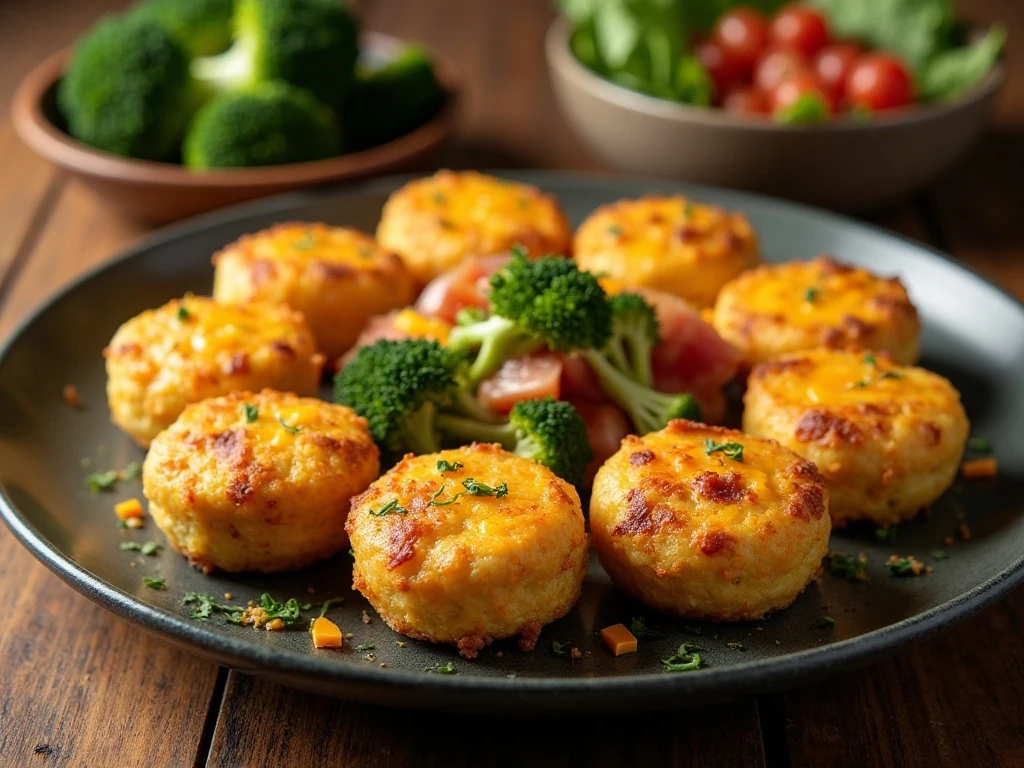 Bacon broccoli egg bites arranged on an appetizer platter