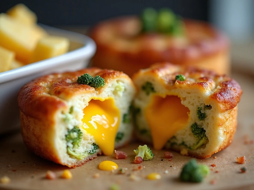 Close-up of the soft center of a bacon broccoli egg bite