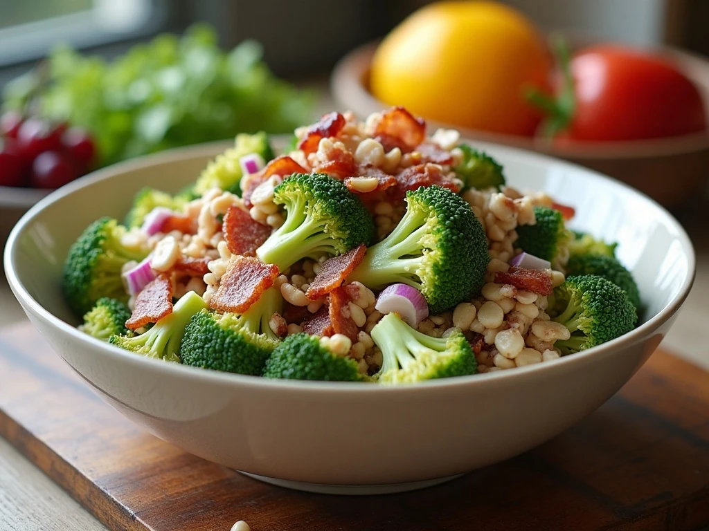 Creamy bacon broccoli salad served as a colorful side dish