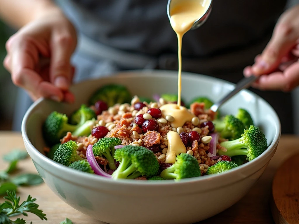 Tossing broccoli salad ingredients with creamy dressing