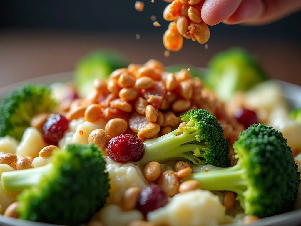 Bacon and sunflower seed garnish on broccoli salad