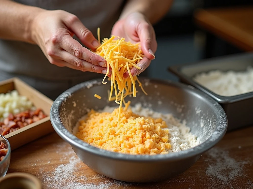 Mixing bacon and cheddar into quick bread batter