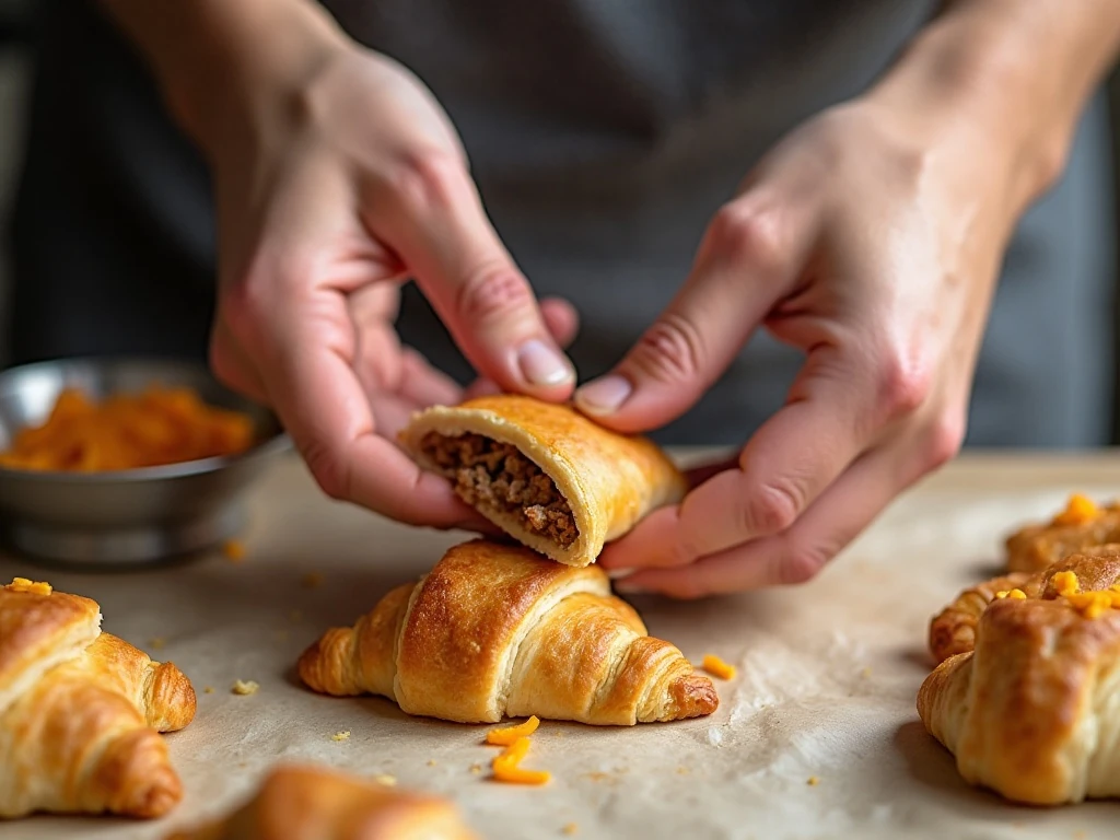 Assembling crescent dough around cheeseburger pop filling