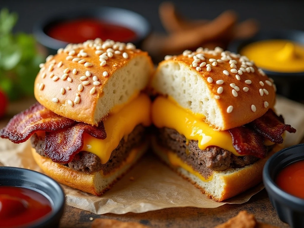 Close-up of a bacon cheeseburger pop with dipping sauces