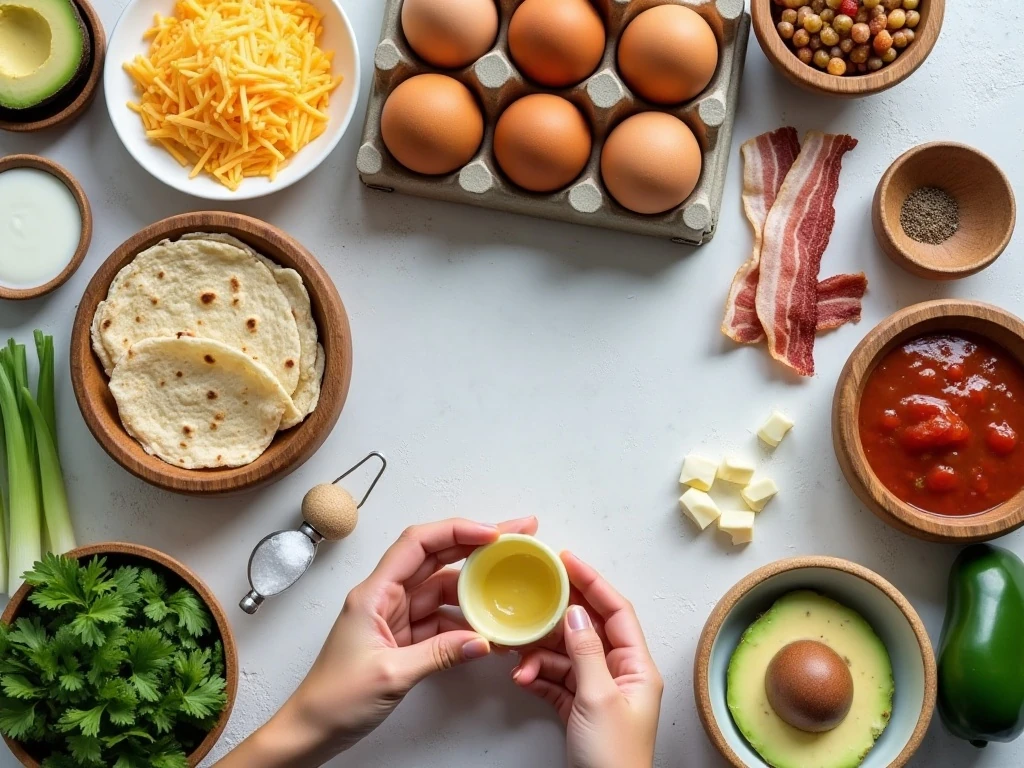Ingredients for bacon, egg, and cheese breakfast quesadillas