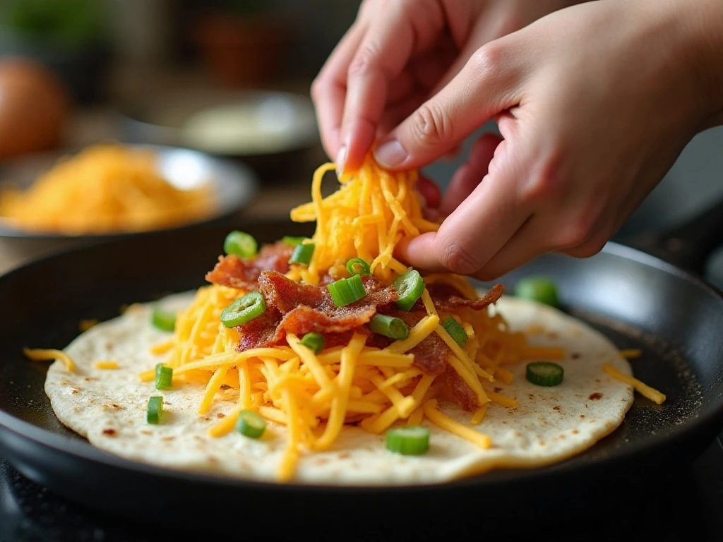 Assembling a bacon, egg, and cheese quesadilla in a skillet