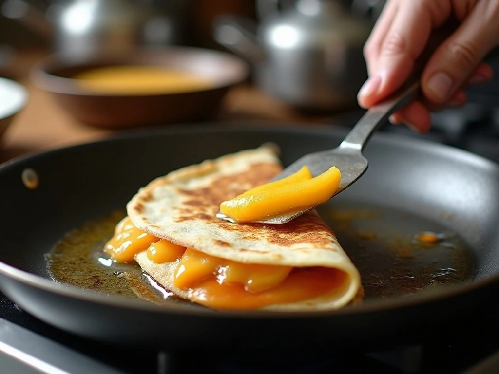 Golden breakfast quesadilla cooking in a skillet