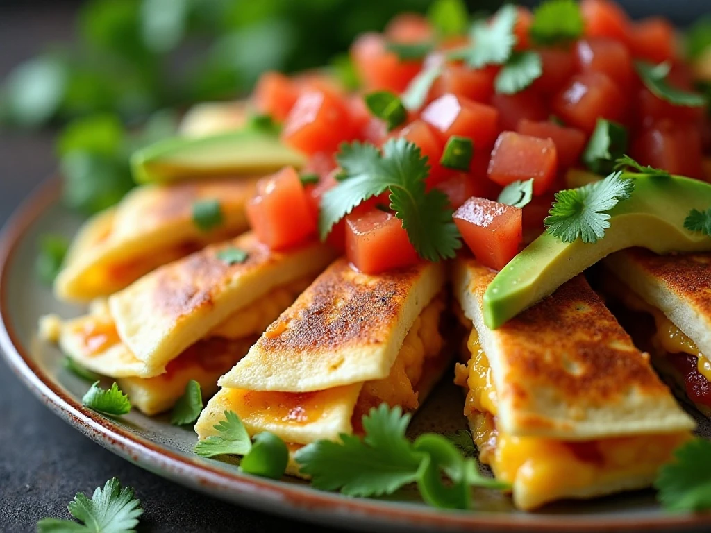 Breakfast quesadilla wedges with salsa avocado and cilantro