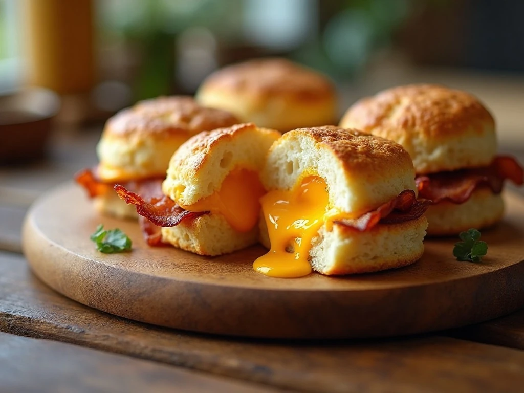 Bacon, egg, and cheese breakfast bombs arranged on a brunch platter