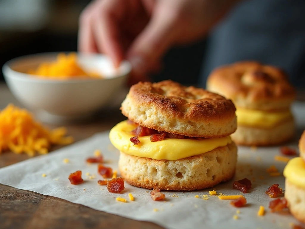 Filling biscuit dough with scrambled eggs, bacon, and cheddar cheese