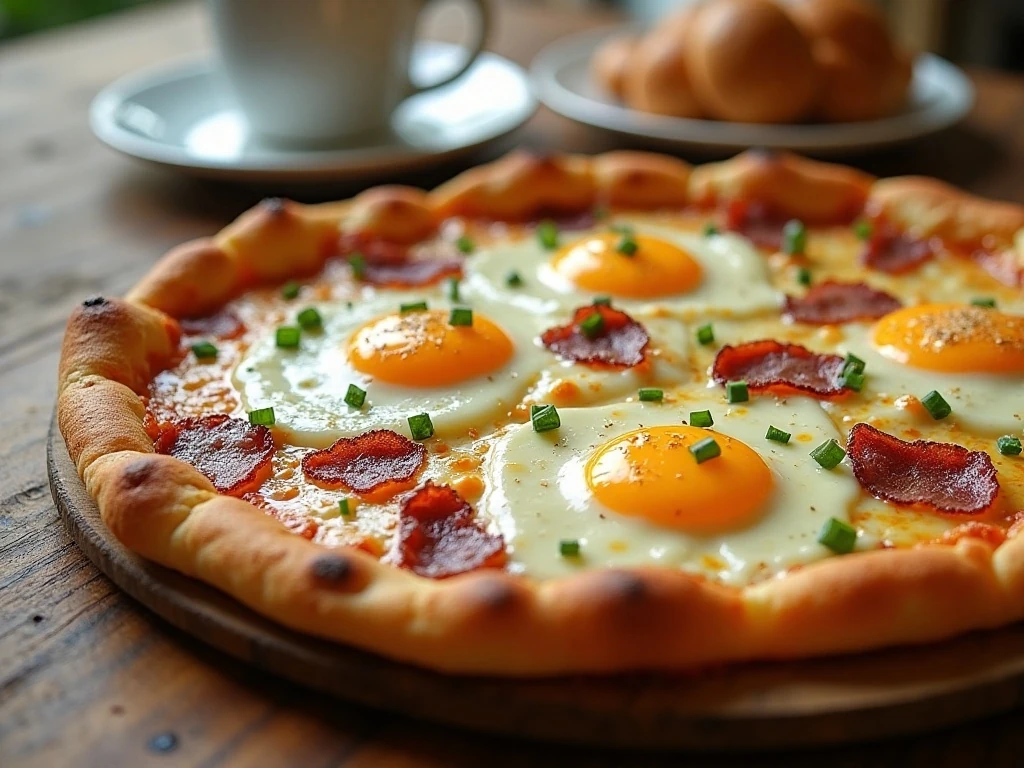 Bacon egg and cheese breakfast pizza served for brunch