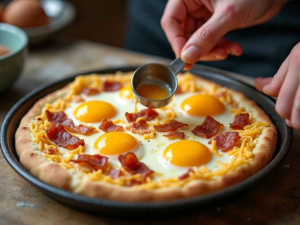 Preparing eggs and toppings on breakfast pizza dough