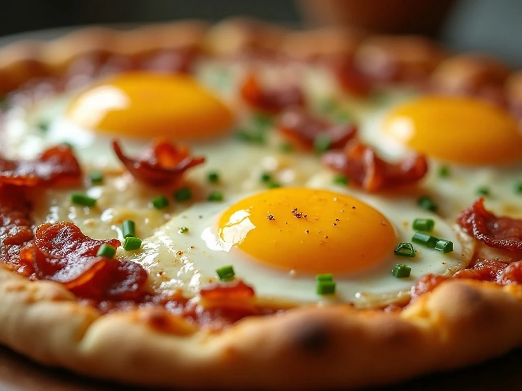 Close-up of eggs bacon cheese and chives on breakfast pizza