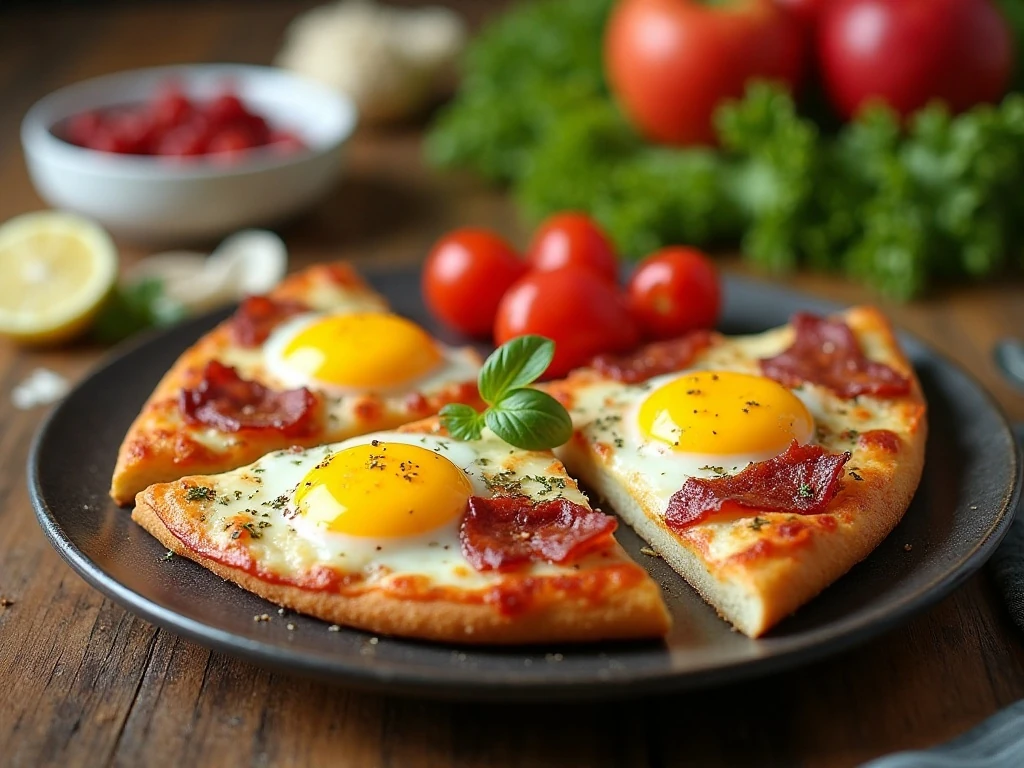 Breakfast pizza wedges served with brunch sides