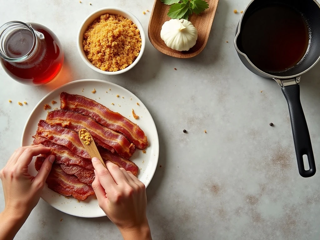 Ingredients for homemade sweet and savory bacon jam arranged on a counter