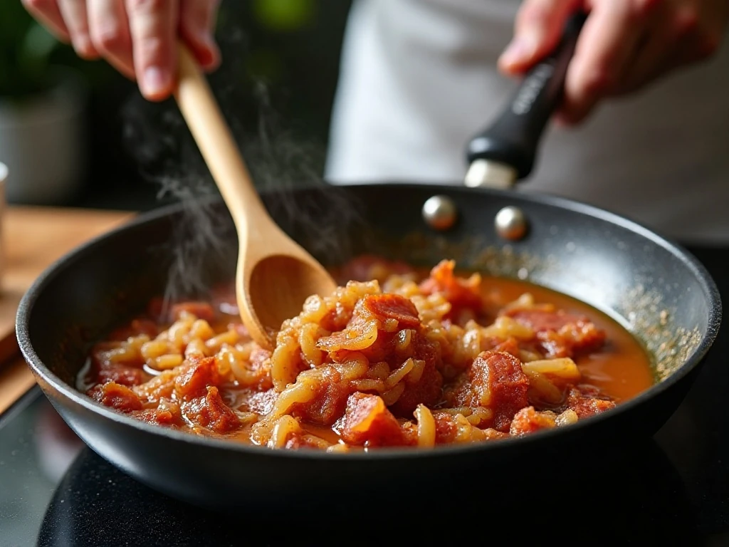 Bacon jam simmering with onions and sauce in a skillet