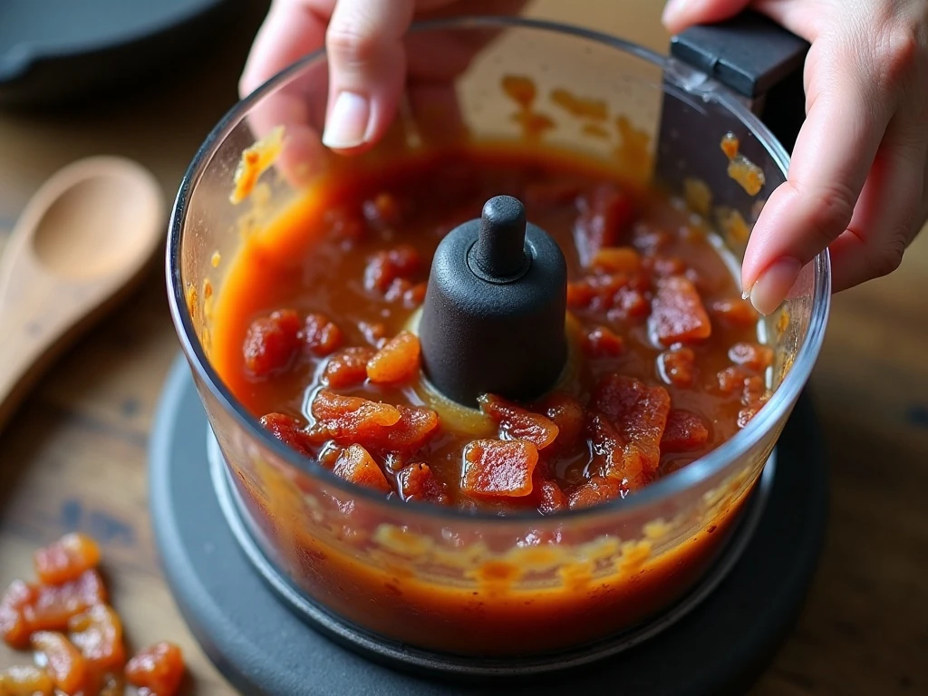 Partially pulsed bacon jam showing its slightly chunky texture