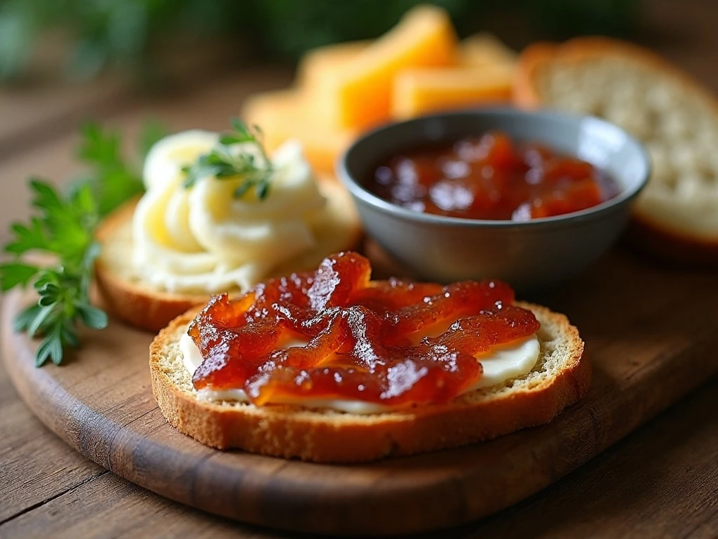 Bacon jam served with toast, crackers, and assorted cheeses