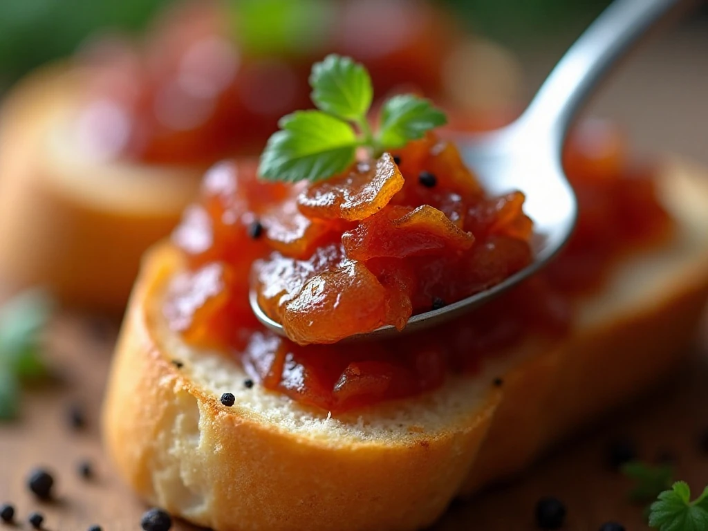 Close-up of chunky bacon jam spread on toasted bread