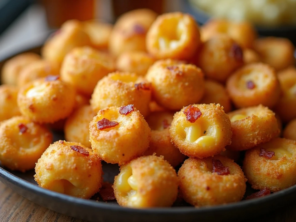 Golden bacon mac and cheese bites arranged on a serving platter