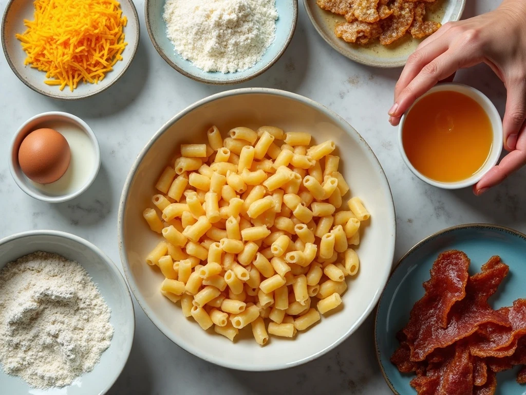 Ingredients for homemade bacon mac and cheese bites