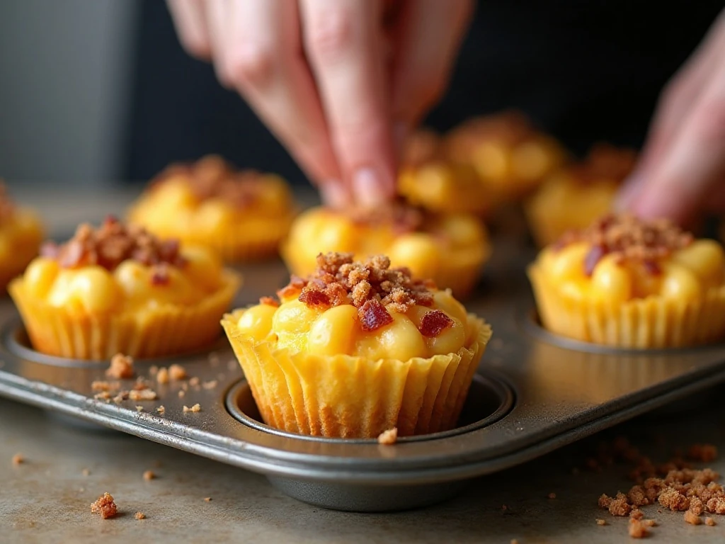Filled muffin cups topped with bacon and panko before baking