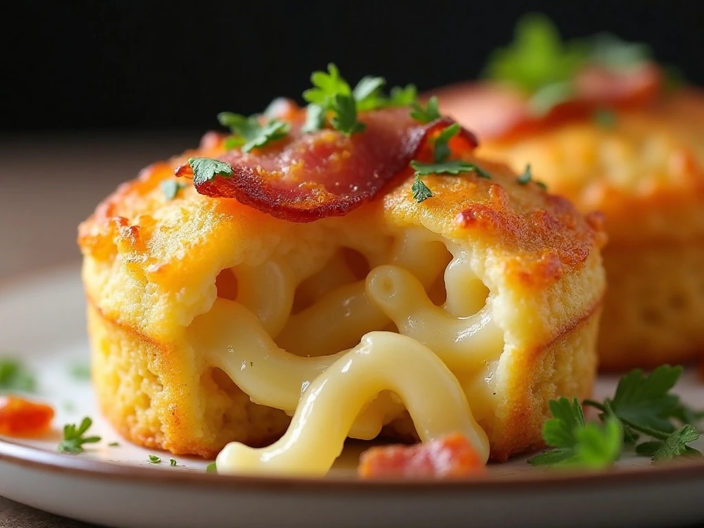 Close-up of a creamy bacon mac and cheese bite with crisp topping