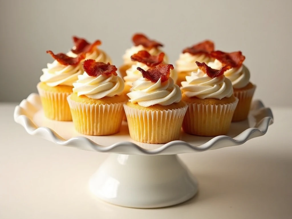 Maple bacon cupcakes with maple buttercream arranged on a dessert stand