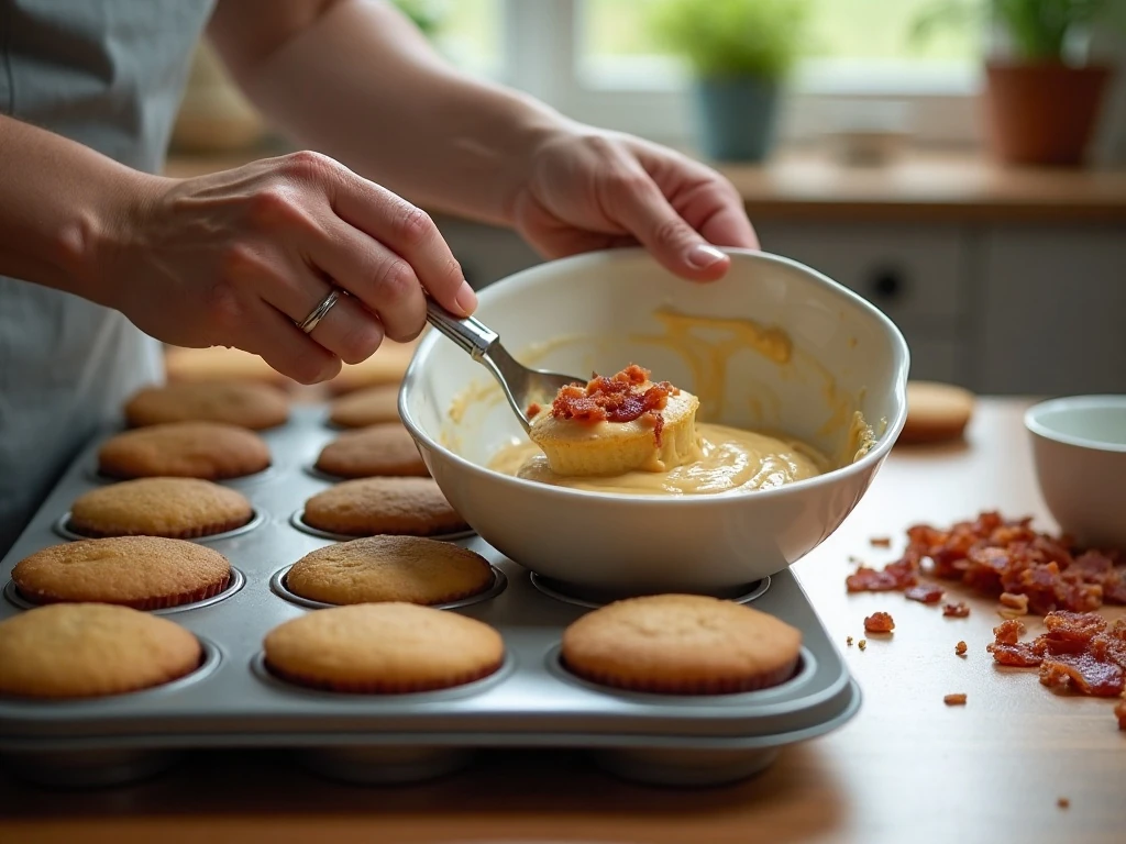 Maple cupcake batter being folded with crisp chopped bacon