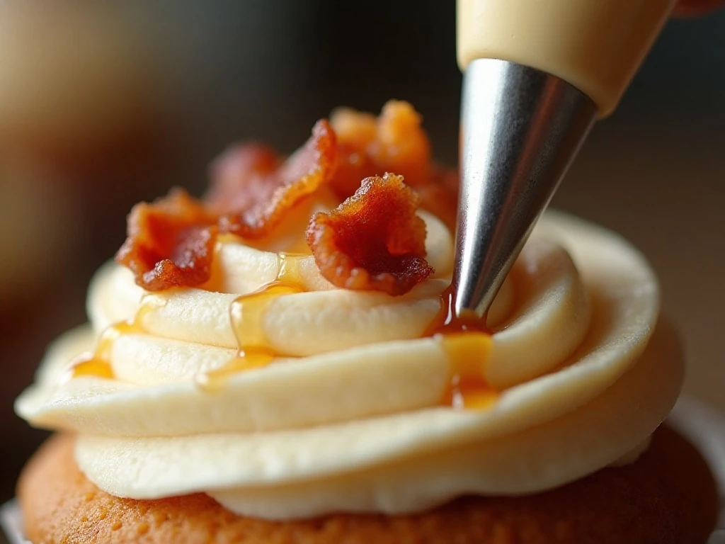 Maple buttercream cupcake topped with bacon crumbles and maple drizzle