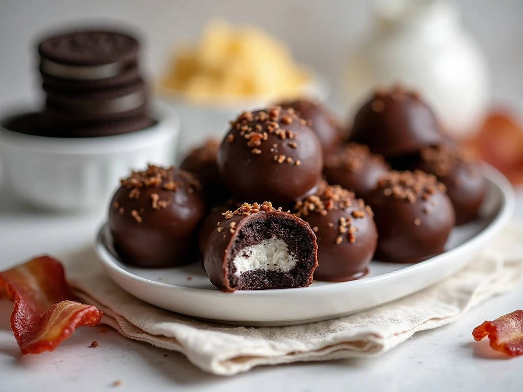 Chocolate-coated Bacon Oreo Cookie Balls arranged on a serving platter
