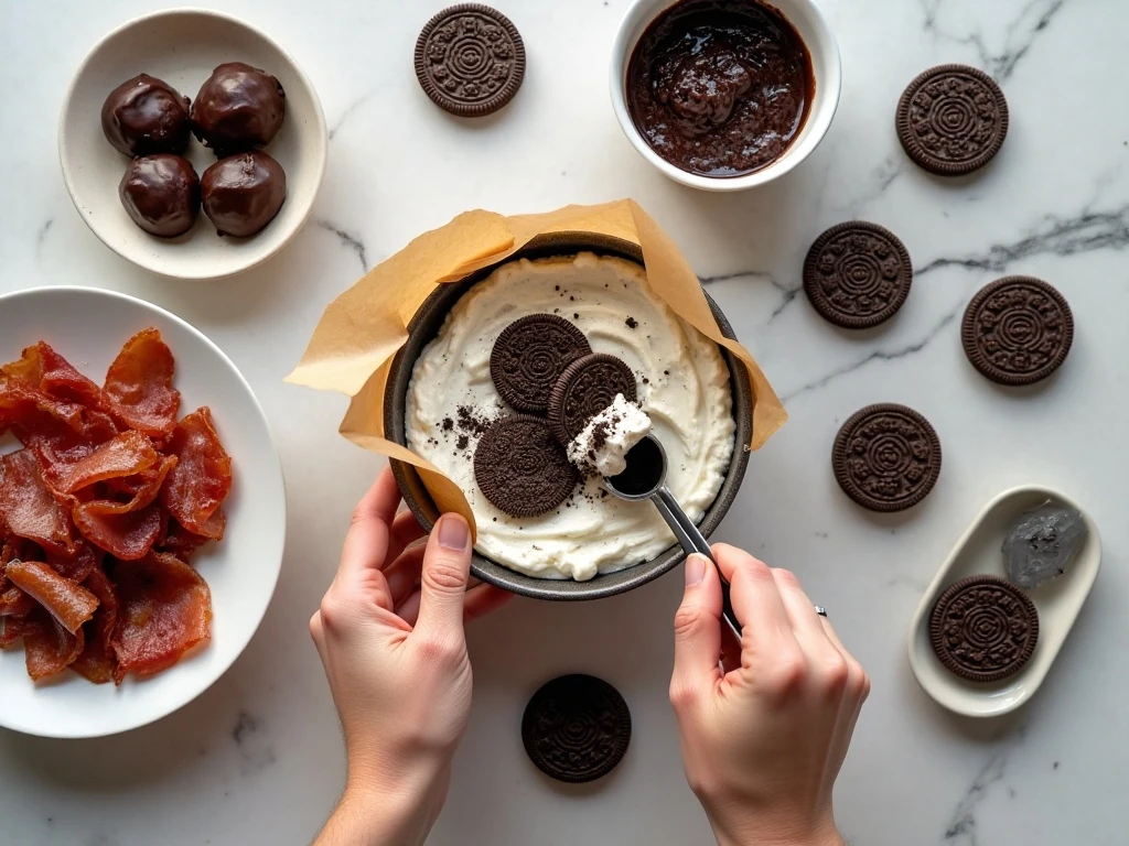 Ingredients for Bacon Oreo Cookie Balls including OREO cookies, cream cheese, bacon, and chocolate