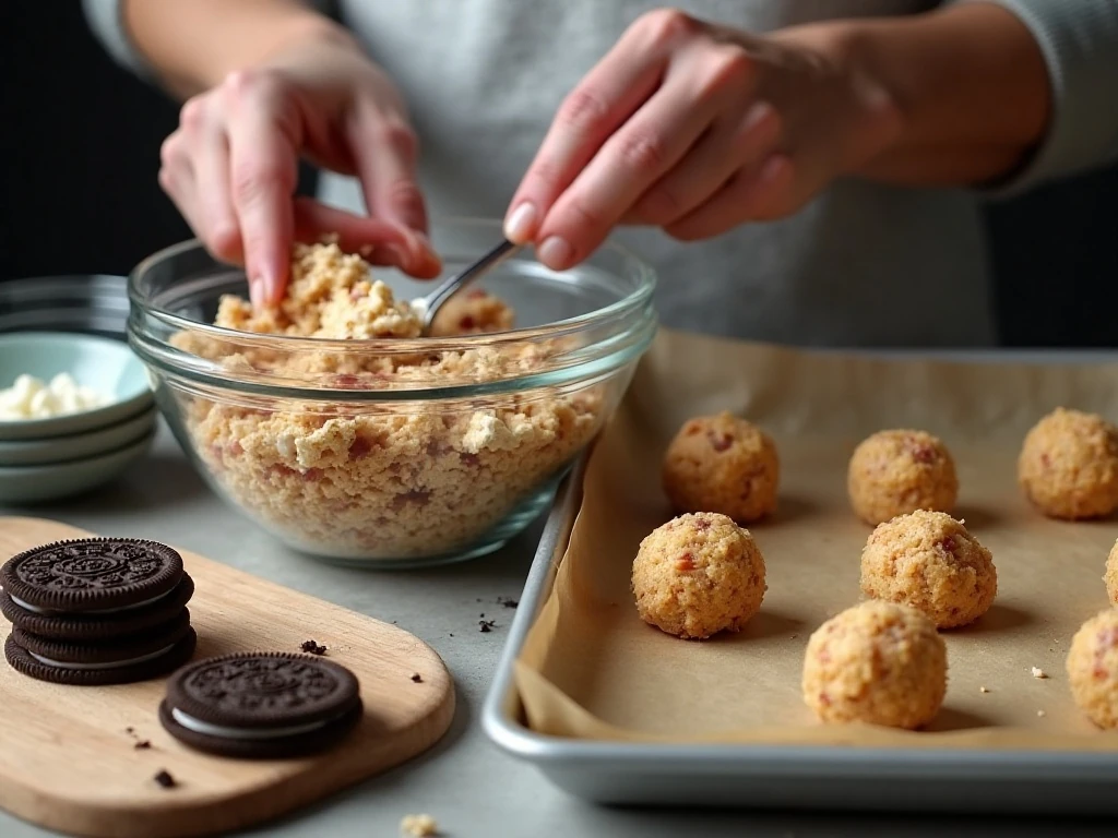 Preparing the OREO cookie and bacon mixture for cookie balls
