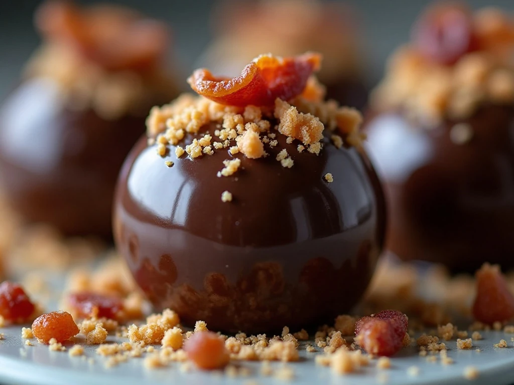 Bacon and Oreo crumb garnish on chocolate cookie balls