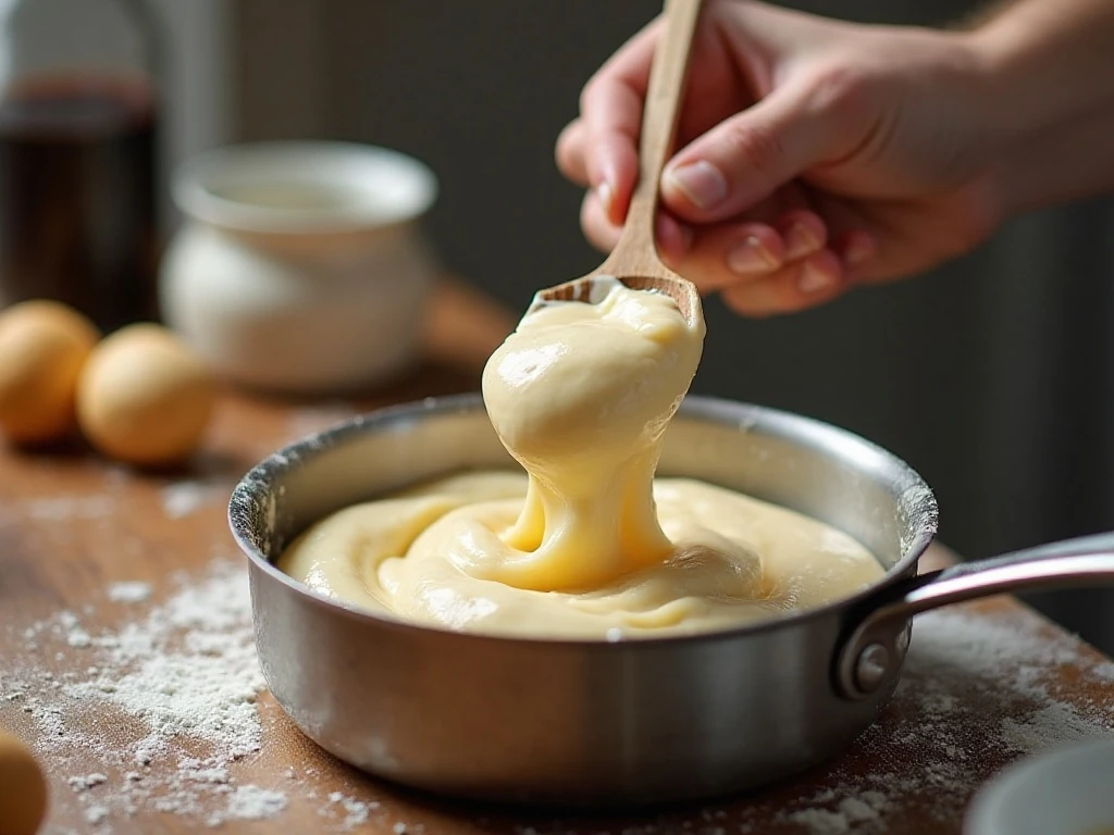 Cooking pâte à choux dough for bacon Parmesan cheese puffs