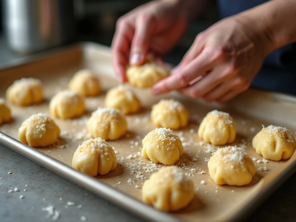 Unbaked bacon Parmesan gougères portioned on a baking sheet