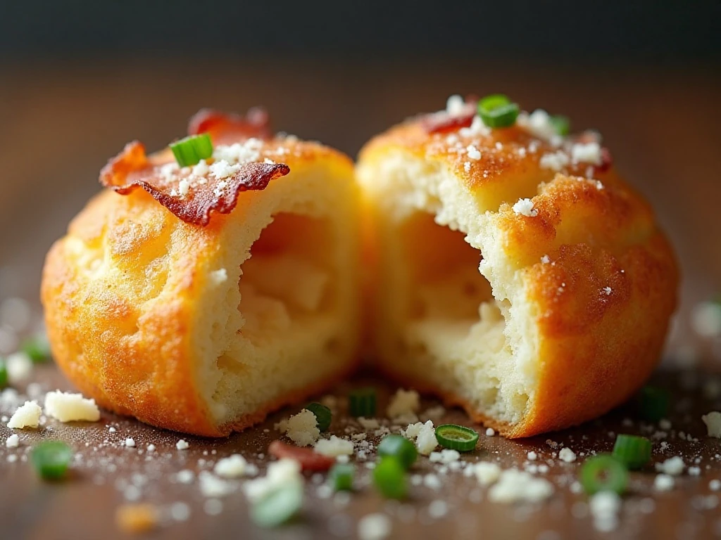 Close-up of the airy interior of a bacon Parmesan gougère