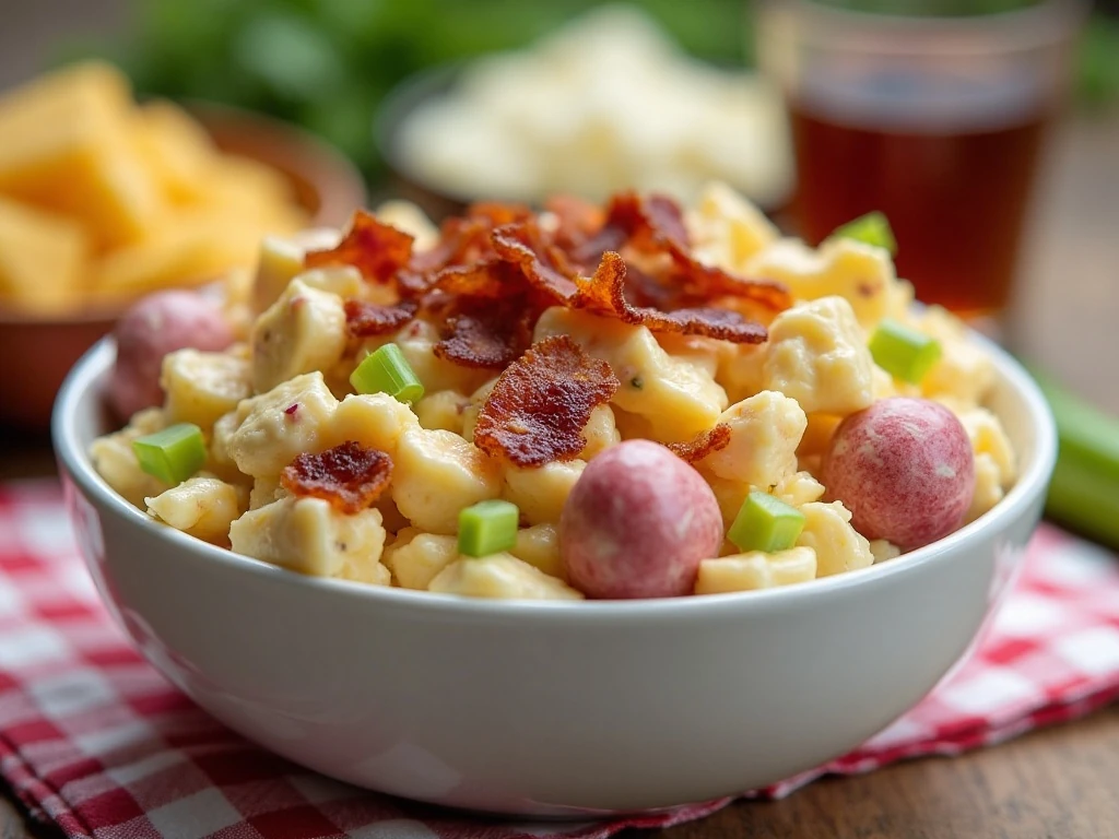 Creamy bacon pimento cheese potato salad served in a bowl