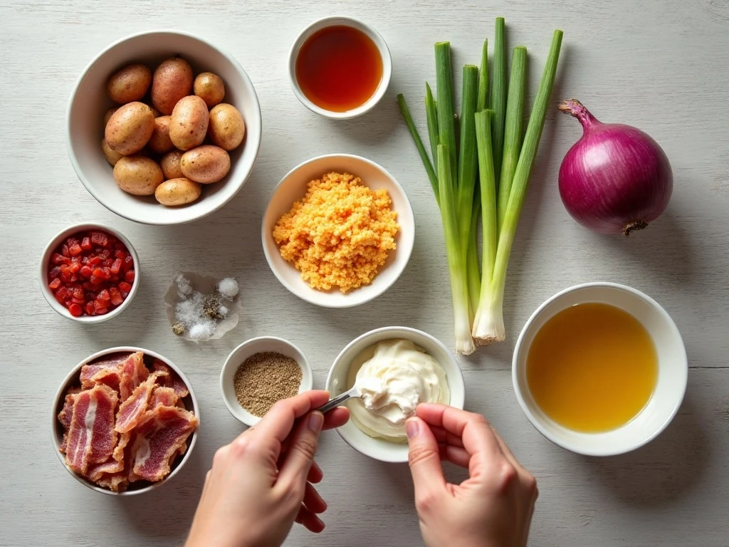 Ingredients for bacon pimento cheese potato salad