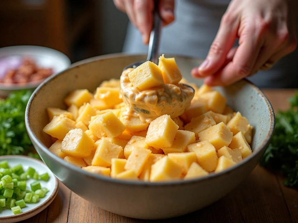 Folding warm potatoes into pimento cheese potato salad dressing