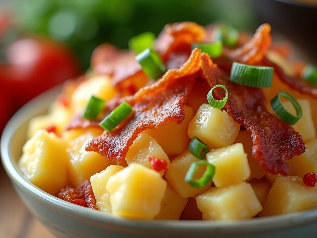 Close-up of bacon and green onion garnish on potato salad