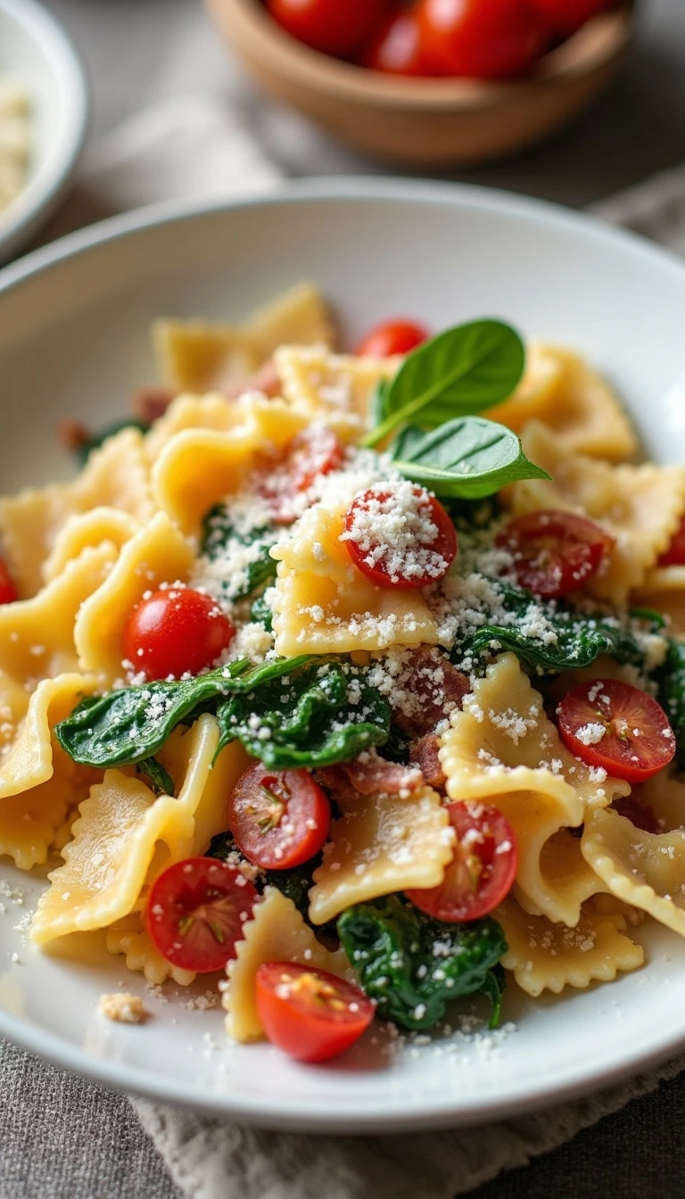 Easy Bacon, Spinach, and Tomato Farfalle Pasta Recipe