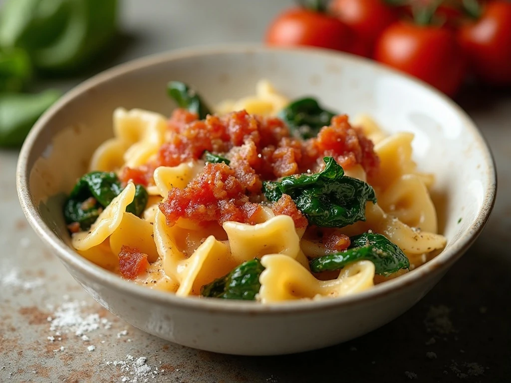 Creamy bacon spinach tomato farfalle pasta in a white bowl