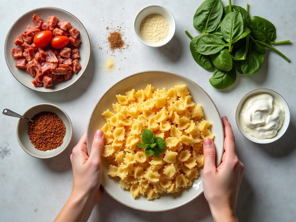 Ingredients for bacon spinach tomato farfalle pasta