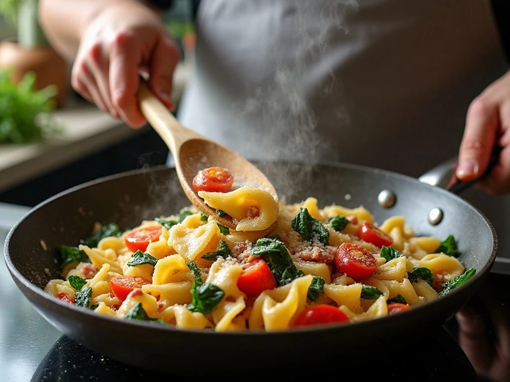 Tossing creamy farfalle pasta with bacon spinach and tomatoes